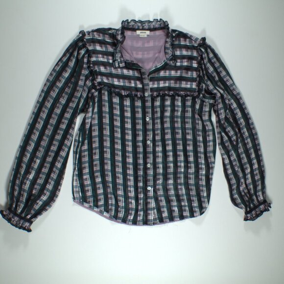 Jason Wu Striped Plaid Print Ruffle Blouse Size 10 - Picture 4 of 6